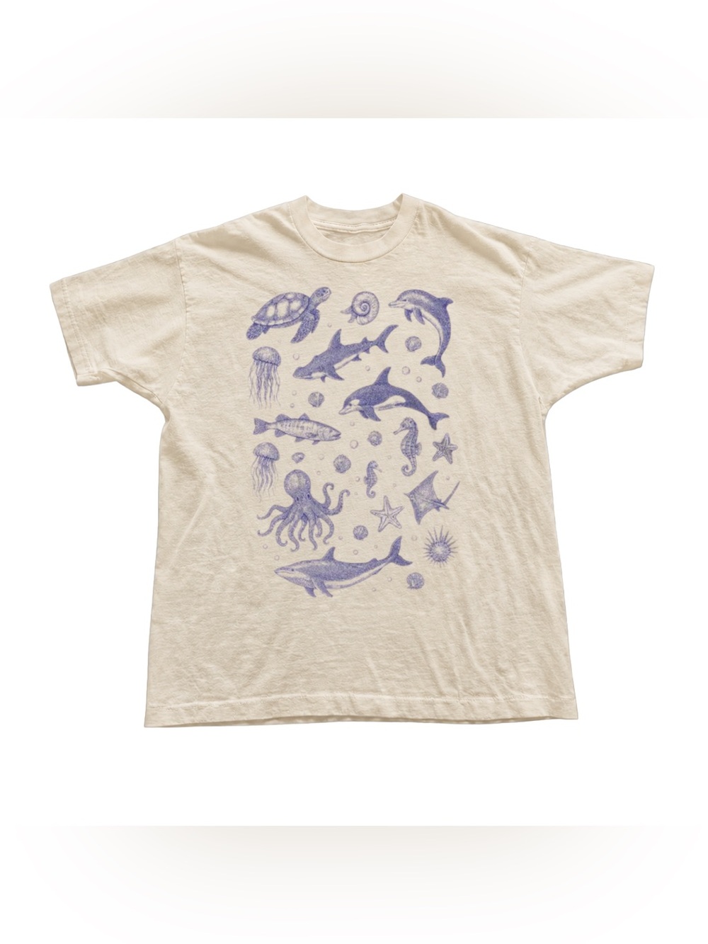 Off White Short Sleeve Tee with Purple Ocean Animal Print